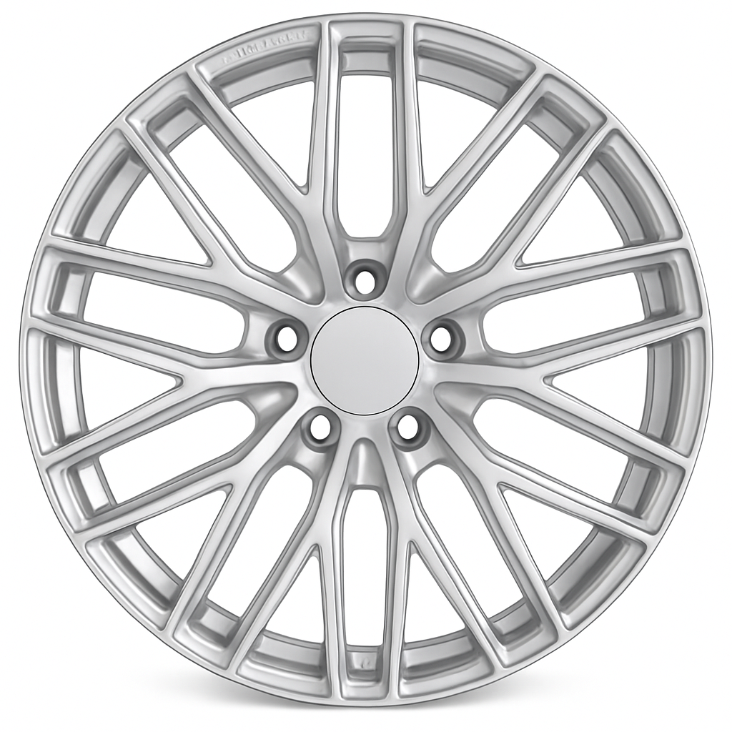 Silver alloy wheel rim on a white background