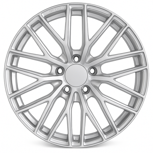 Silver alloy wheel rim on a white background